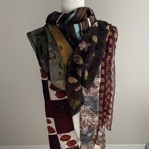 Seven designer silk scarves multiple fall patterns